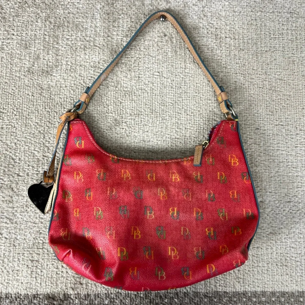 Y2K Dooney & Bourke Red Monogram Small Shoulder‎ Bag Heart Charm Rainbow Zip